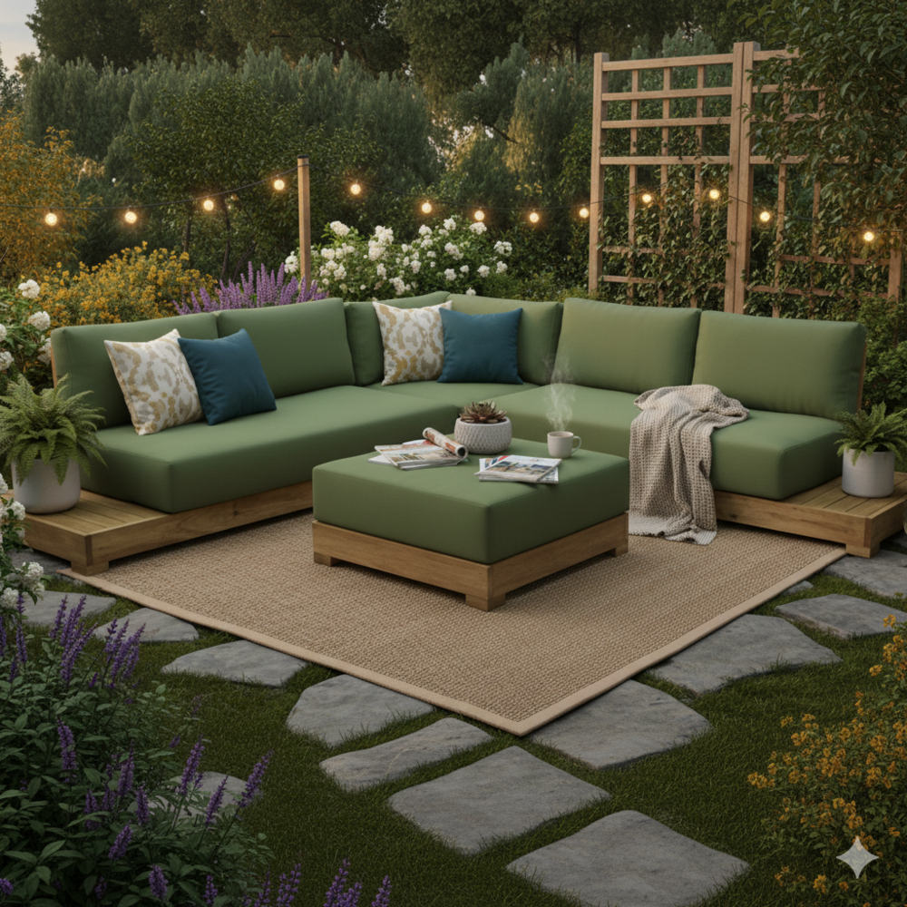 AVH-Collectie Casablanca hoek loungeset 4 delig teakhout met groene kussens AVH-Collectie Casablanca hoek loungeset 4 delig teakhout met groene kussens