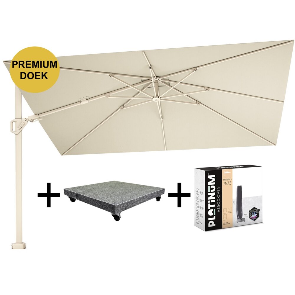 Platinum Challenger T2 premium zweefparasol 260x350 cm sandstone champagne met parasolvoet 90kg en hoes Platinum Challenger T2 premium zweefparasol 260x350 cm sandstone champagne met parasolvoet 90kg en hoes