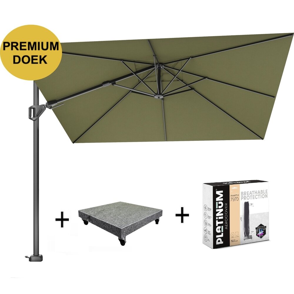 Platinum Challenger T2 premium parasol 300x300 cm antraciet lush green met 90 KG voet en hoes Platinum Challenger T2 premium parasol 300x300 cm antraciet lush green met 90 KG voet en hoes