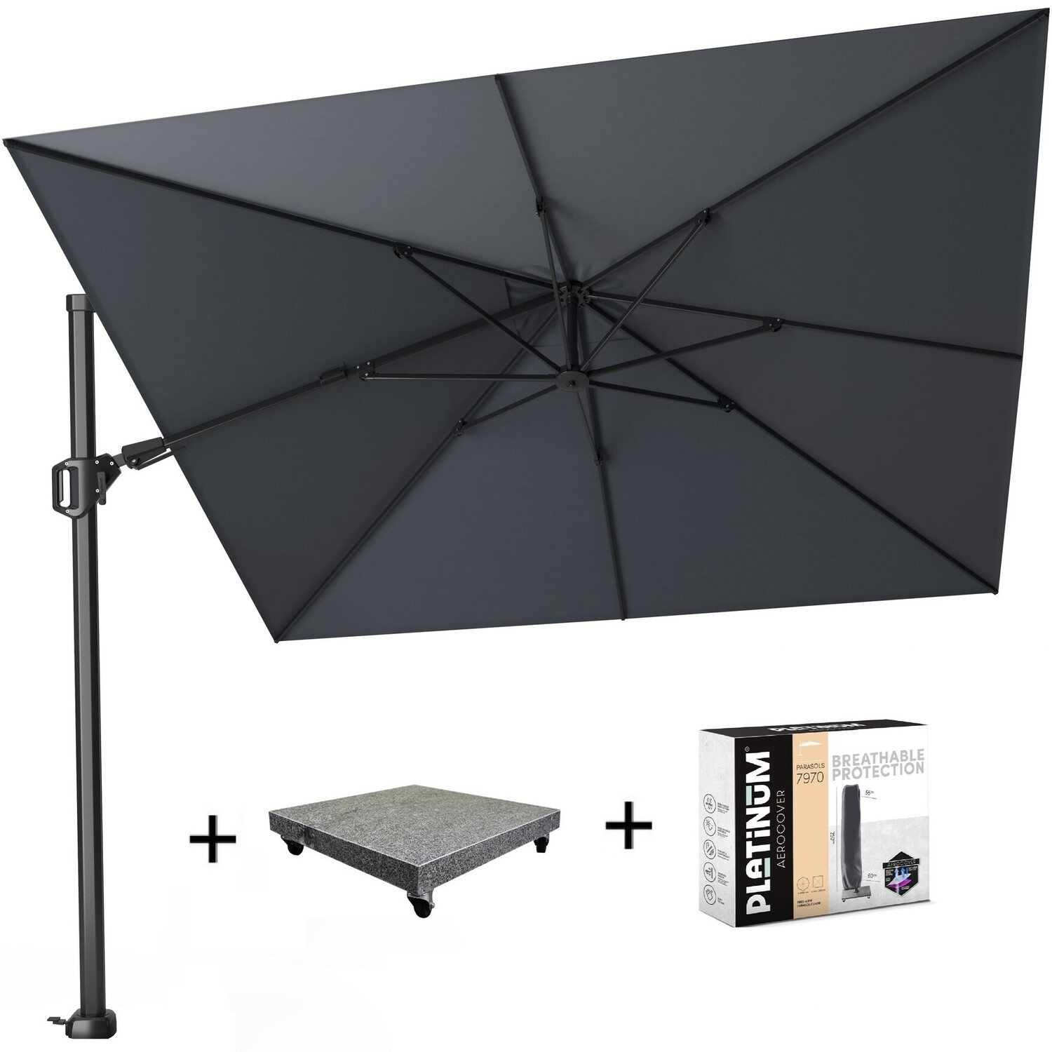 Challenger T2 zweefparasol 300x300 cm antraciet met 90 KG voet en