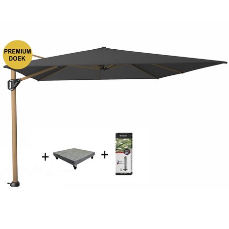 Platinum Challenger T1 premium zweefparasol 400x300 cm teak mast faded black met 120 KG voet en hoes Platinum Challenger T1 premium zweefparasol 400x300 cm teak mast faded black met 120 KG voet en hoes