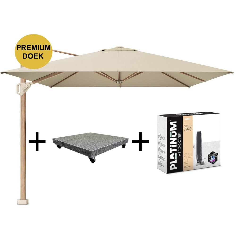 Platinum Challenger T1 premium parasol 400x300 cm teak champagne met 120 KG voet en hoes Platinum Challenger T1 premium parasol 400x300 cm teak champagne met 120 KG voet en hoes