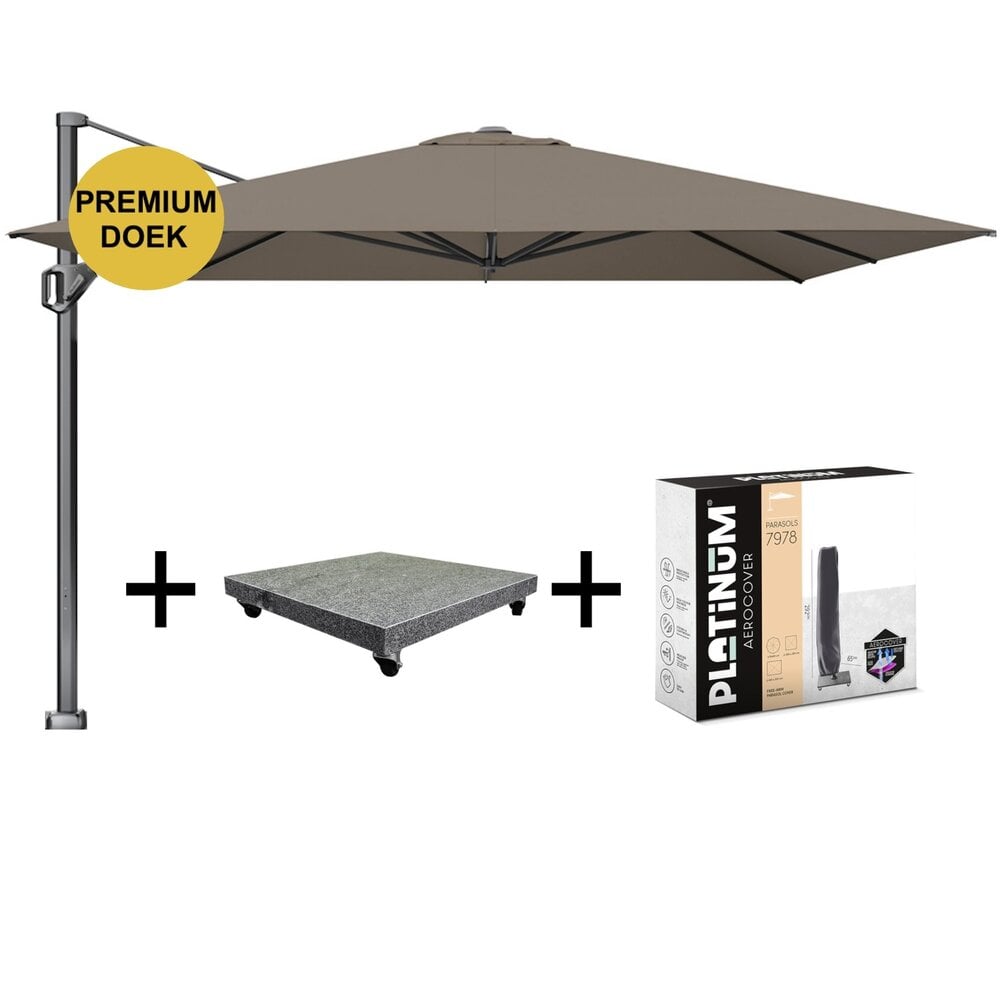 Platinum Challenger T1 telescope premium zweefparasol 350x350 cm havanna met 120KG voet en hoes Platinum Challenger T1 telescope premium zweefparasol 350x350 cm havanna met 120KG voet en hoes