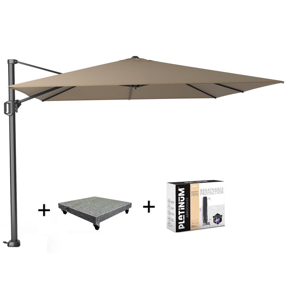 Platinum Challenger T1 zweefparasol 300x300 cm taupe  met  parasolvoet 90kg en hoes