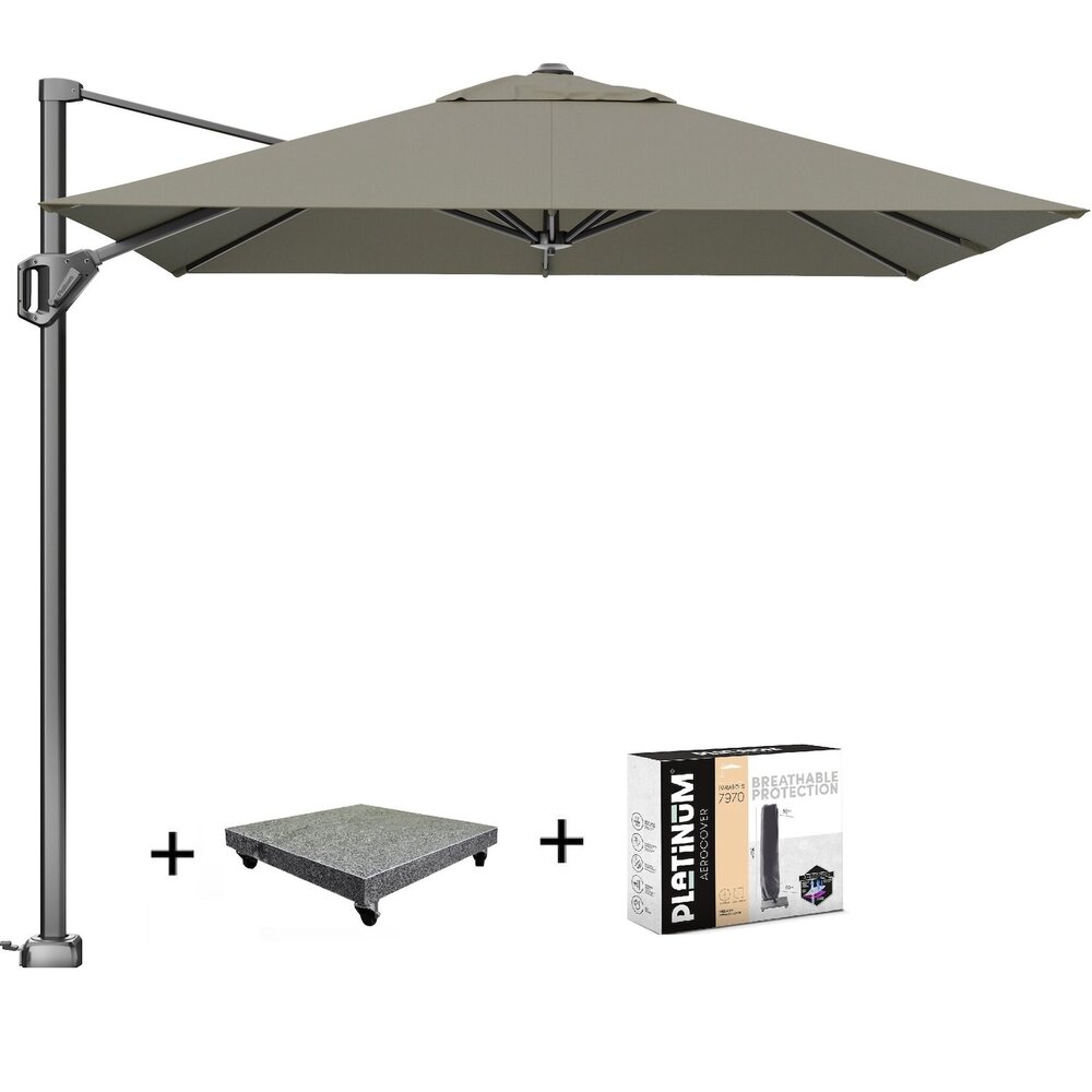 Platinum Voyager T1 zweefparasol 250x250 cm taupe met 75KG voet en hoes Platinum Voyager T1 zweefparasol 250x250 cm taupe met 75KG voet en hoes
