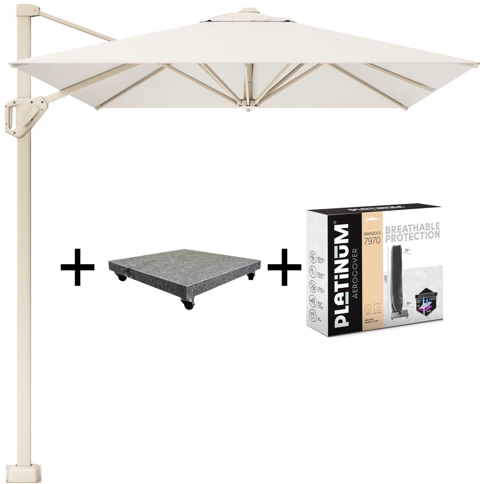 Platinum Voyager T1 zweefparasol 300x200 cm sandstone ivoor met 75kg voet en hoes