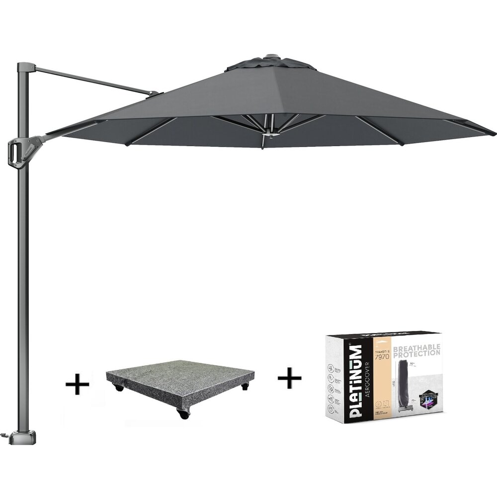 Platinum Voyager T1 zweefparasol 300 cm rond antraciet met 75KG voet en hoes Platinum Voyager T1 zweefparasol 300 cm rond antraciet met 75KG voet en hoes