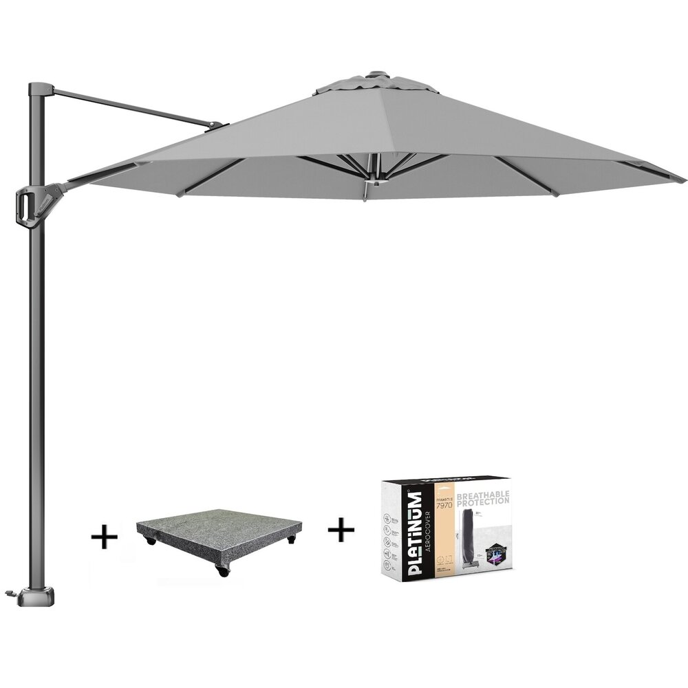 Platinum Voyager T1 zweefparasol 300 cm rond lichtgrijs met 75KG voet en hoes Platinum Voyager T1 zweefparasol 300 cm rond lichtgrijs met 75KG voet en hoes