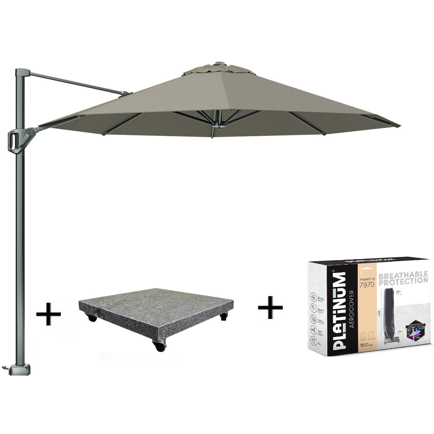 Platinum Voyager T1 zweefparasol 300 cm rond taupe met 75KG voet en hoes