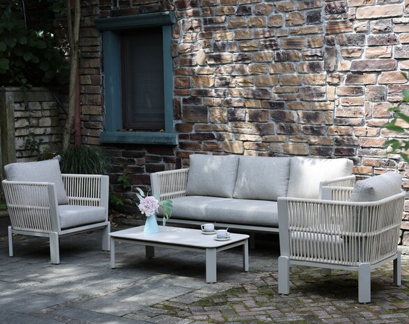 AVH-Collectie Veneto stoel bank loungeset 4 delig aluminium latte zand rope