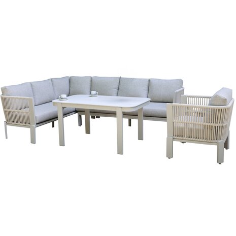 AVH-Collectie Veneto dining hoek loungeset 4 delig aluminium latte zand rope