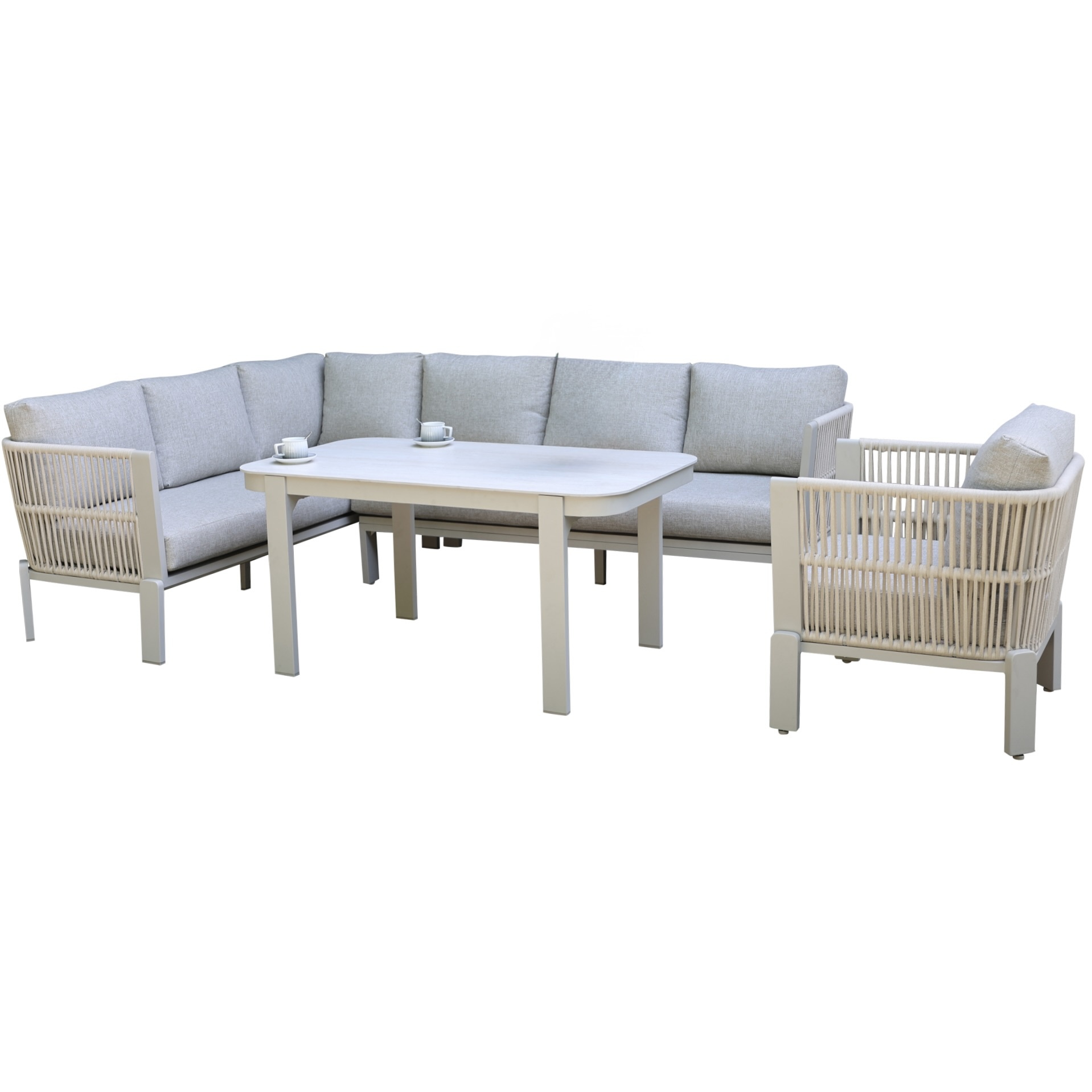 AVH-Collectie Veneto dining hoek loungeset 4 delig aluminium latte zand rope