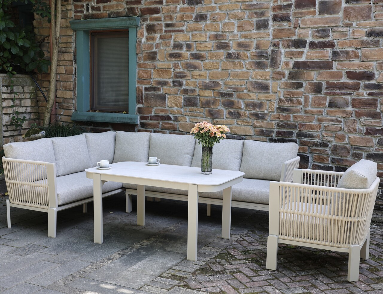 AVH-Collectie Veneto dining hoek loungeset 4 delig aluminium latte zand rope