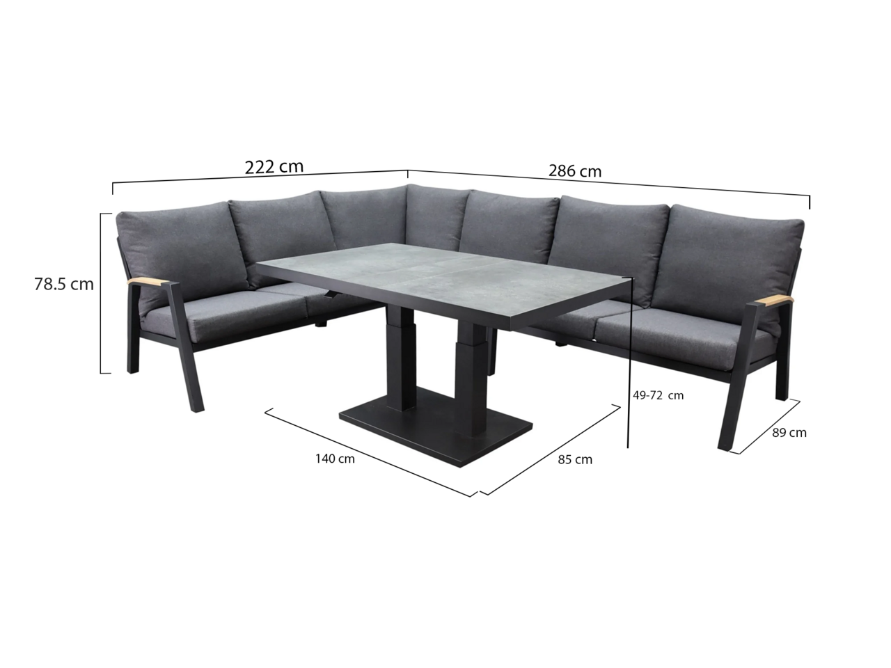 AVH-Collectie Montenegro dining hoek loungeset 5 delig met verstelbare tafel antraciet