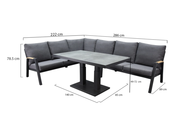 AVH-Collectie Montenegro dining hoek loungeset 5 delig met verstelbare tafel antraciet