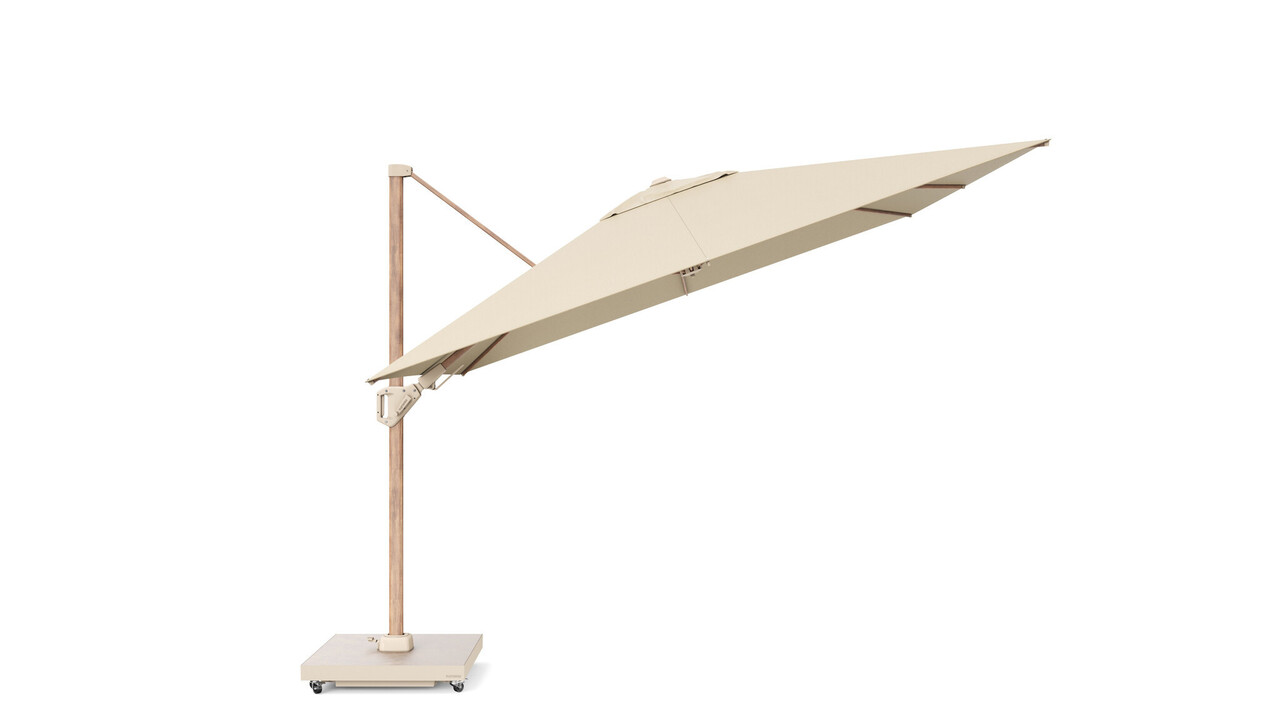 Platinum Challenger T2 premium parasol 300x300 cm teak champagne met 90kg voet en hoes