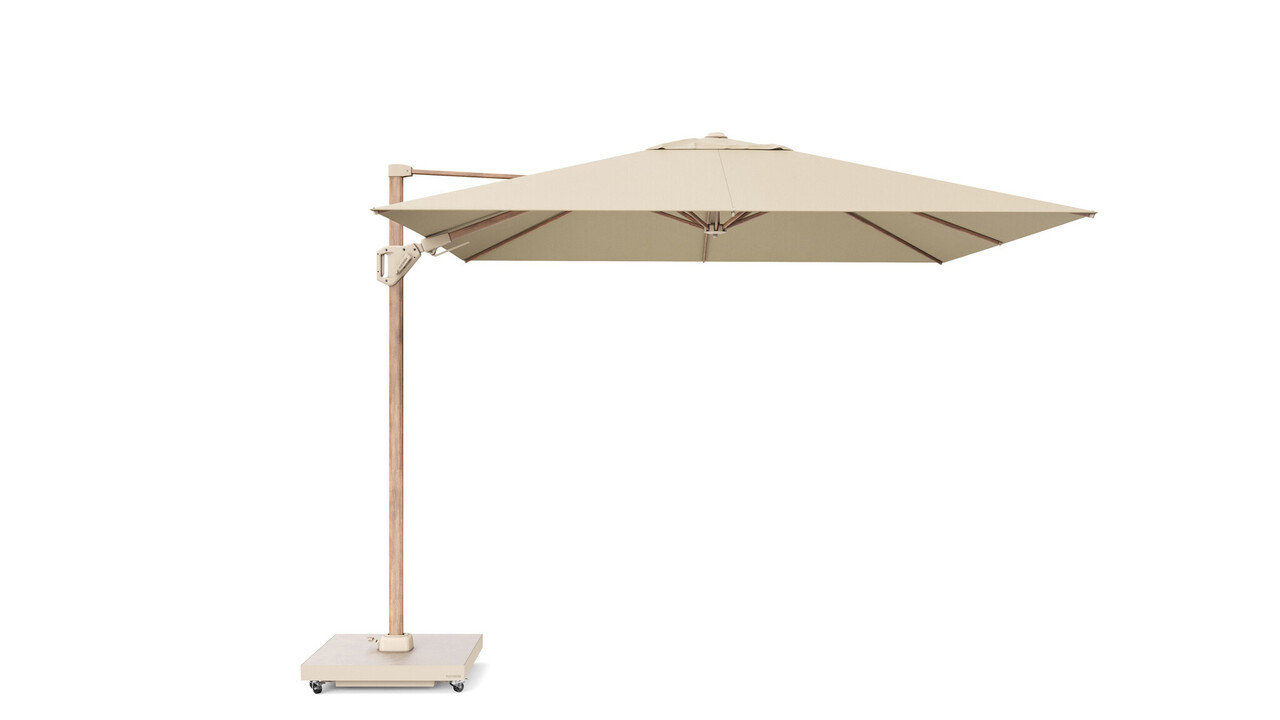 Platinum Challenger T2 premium parasol 300x300 cm teak champagne met 90kg voet en hoes