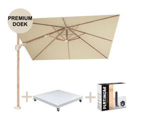Platinum Challenger T2 premium parasol 300x300 cm teak champagne met 90kg voet en hoes