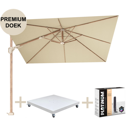 Platinum Challenger T2 premium parasol 300x300 cm teak champagne met 90kg voet en hoes