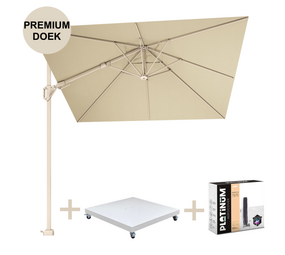 Platinum Challenger T2 premium parasol 300x300 cm sandstone champagne met zandkleur 90KG voet en hoes