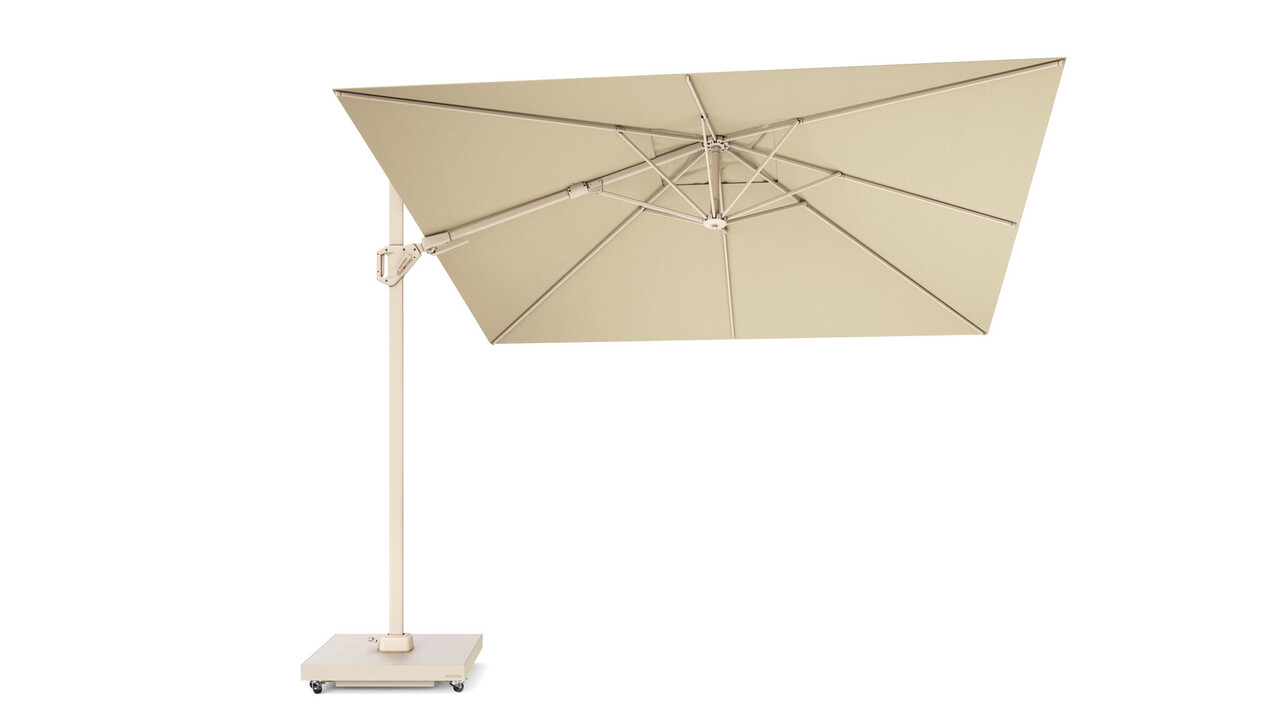 Platinum Challenger T2 premium parasol 300x300 cm sandstone champagne met zandkleur 90KG voet en hoes