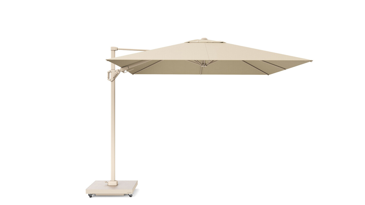 Platinum Challenger T2 premium parasol 300x300 cm sandstone champagne met zandkleur 90KG voet en hoes