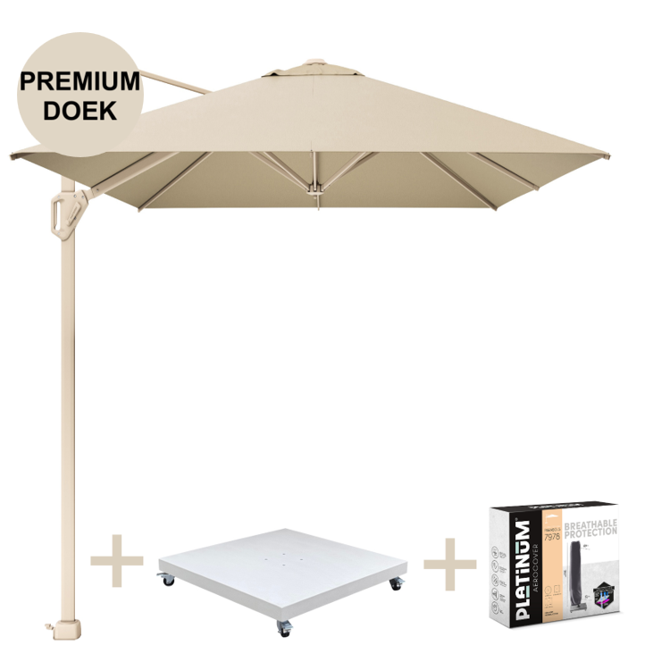 Platinum Challenger T1 premium parasol 400x300 cm sandstone champagne met zandkleur 120 KG voet en hoes
