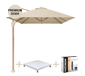 Platinum Challenger T1 premium parasol 400x300 cm teak champagne met zandkleur 120 KG voet en hoes