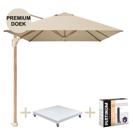 Platinum Challenger T1 premium parasol 400x300 cm teak champagne met zandkleur 120 KG voet en hoes