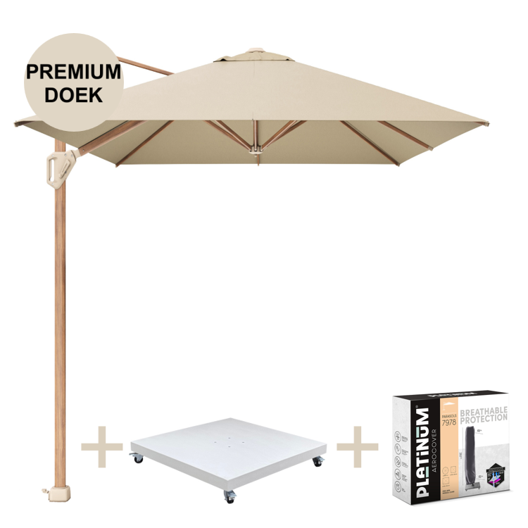 Platinum Challenger T1 premium parasol 400x300 cm teak champagne met zandkleur 120 KG voet en hoes