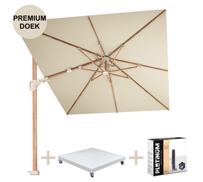Platinum Challenger T2 premium parasol 350x260 cm teak champagne met zandkleur 90kg voet en hoes