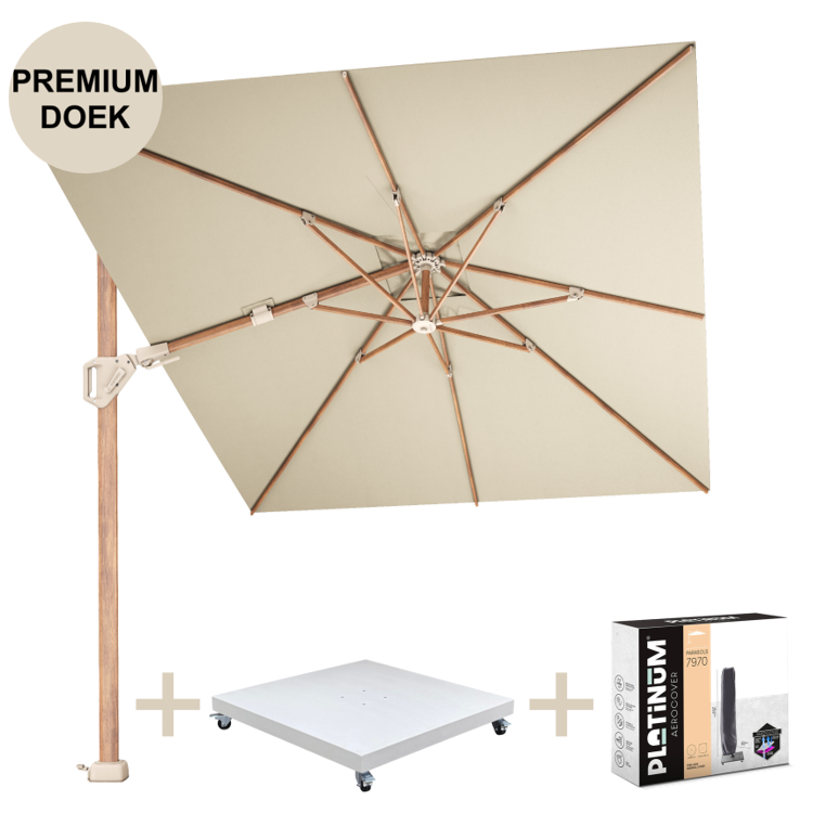 Platinum Challenger T2 premium parasol 350x260 cm teak champagne met zandkleur 90kg voet en hoes