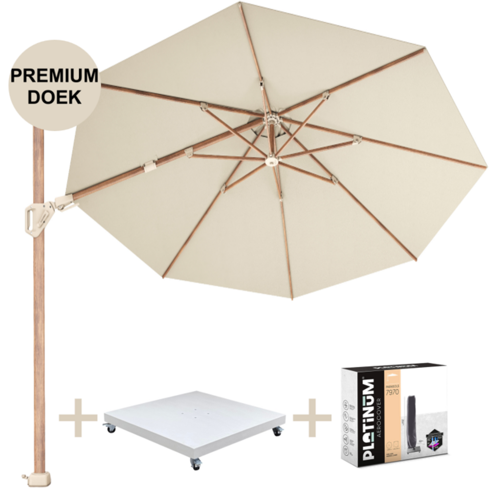 Platinum Challenger T2 premium Ø350 cm teak champagne met zandkleur 90 KG voet en hoes