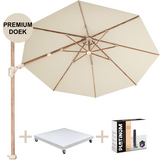 Platinum Challenger T2 premium Ø350 cm teak champagne met zandkleur 90 KG voet en hoes