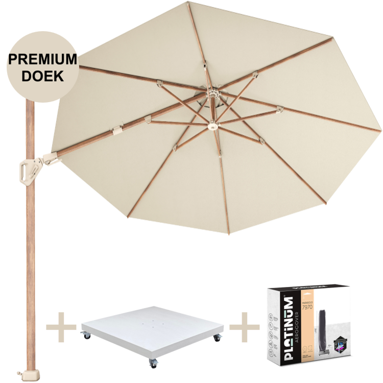 Platinum Challenger T2 premium&Oslash;350 cm teak champagne met zandkleur 90 KG voet en hoes