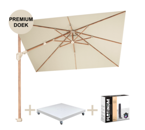 Platinum Challenger T2 premium parasol 260x350 cm teak champagne met zandkleur 90kg voet en hoes Platinum Challenger T2 premium parasol 260x350 cm teak champagne met zandkleur 90kg voet en hoes