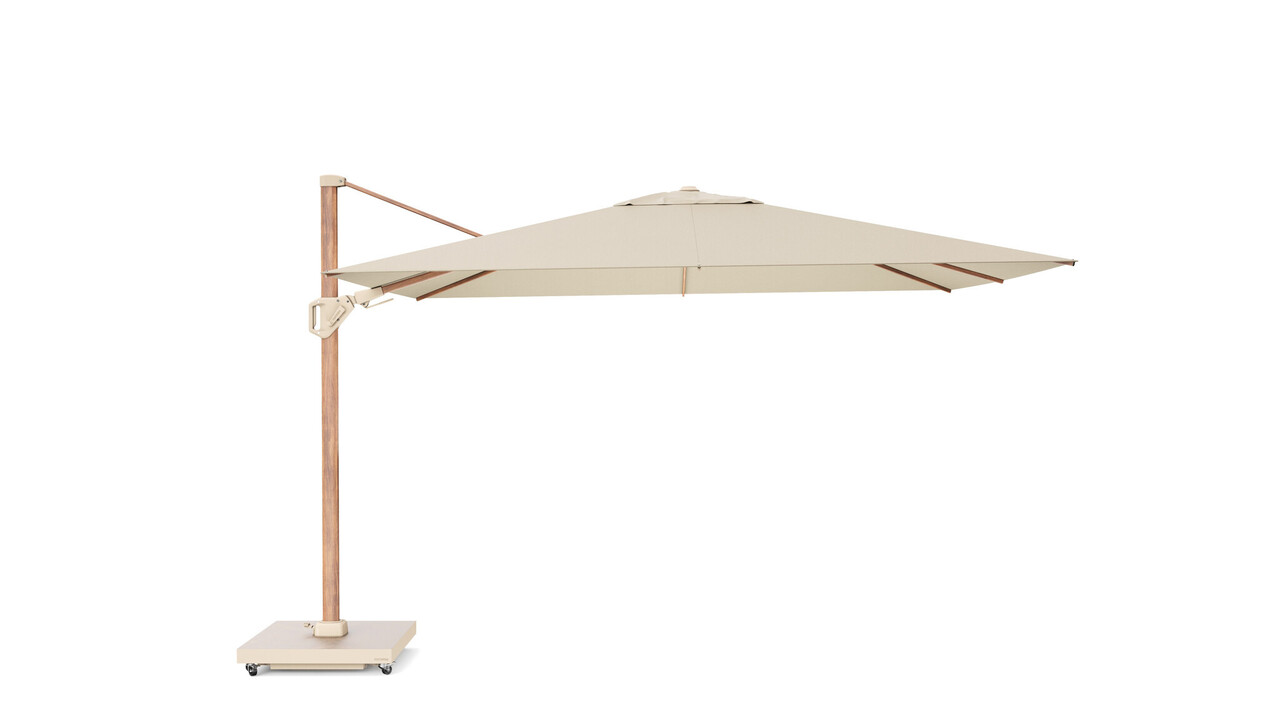 Platinum Challenger T2 premium parasol 260x350 cm teak champagne met zandkleur 90kg voet en hoes