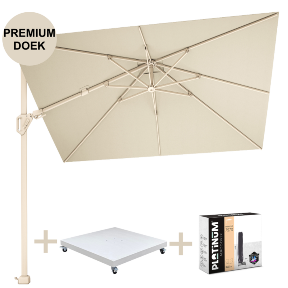 Platinum Challenger T2 premium zweefparasol 260x350 cm sandstone champagne met zandkleur 90kg voet en hoes