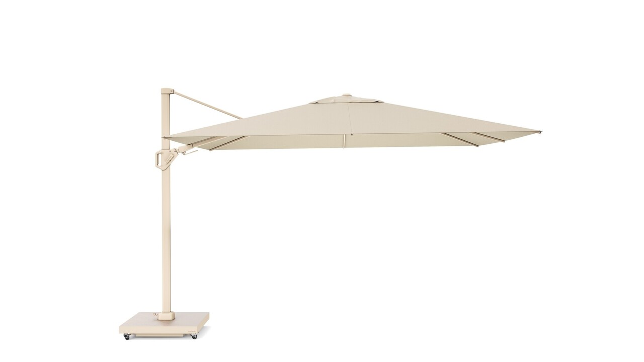 Platinum Challenger T2 premium zweefparasol 260x350 cm sandstone champagne met zandkleur 90kg voet en hoes