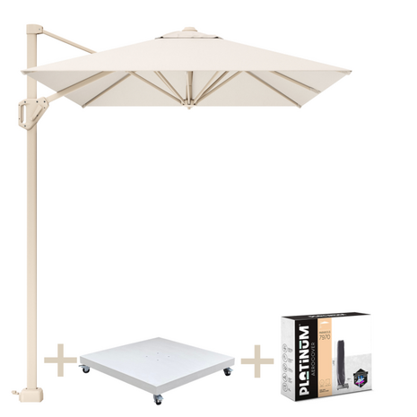 Platinum Voyager T1 zweefparasol 250x250 cm sandstone Ivory met zandkleur 90kg voet en hoes