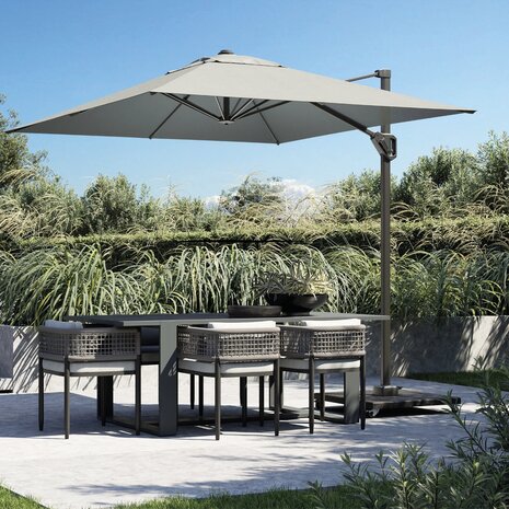 Platinum Voyager T1 zweefparasol 250x250 cm sandstone Ivory met zandkleur 90kg voet en hoes