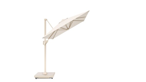 Platinum Voyager T1 zweefparasol 250x250 cm sandstone Ivory met zandkleur 90kg voet en hoes