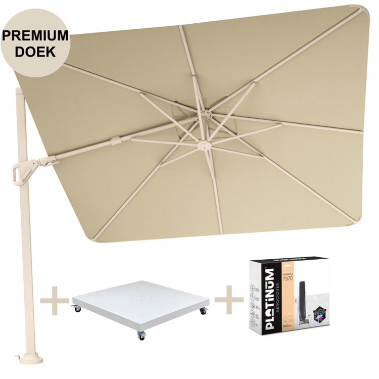 Platinum Nexus T2 premium zweefparasol 300x300 cm sand stone mast Champagne met zandkleur parasolvoet 90kg en hoes