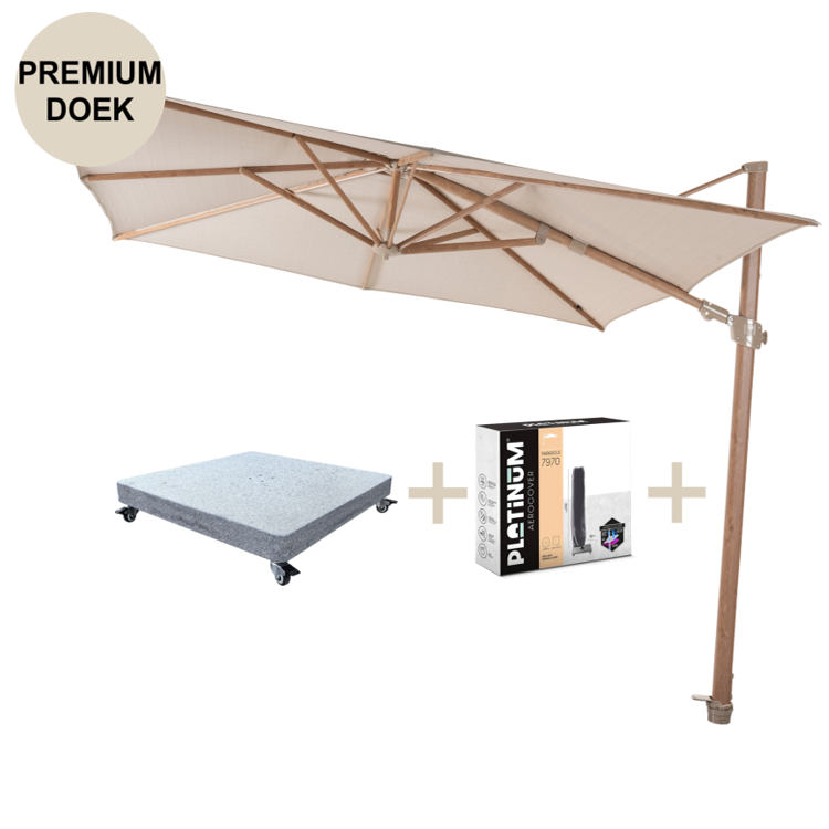 4 Seasons Outdoor Siesta premium zweefparasol 300x300 cm houtlook sand  met robuust 90KG voet en hoes