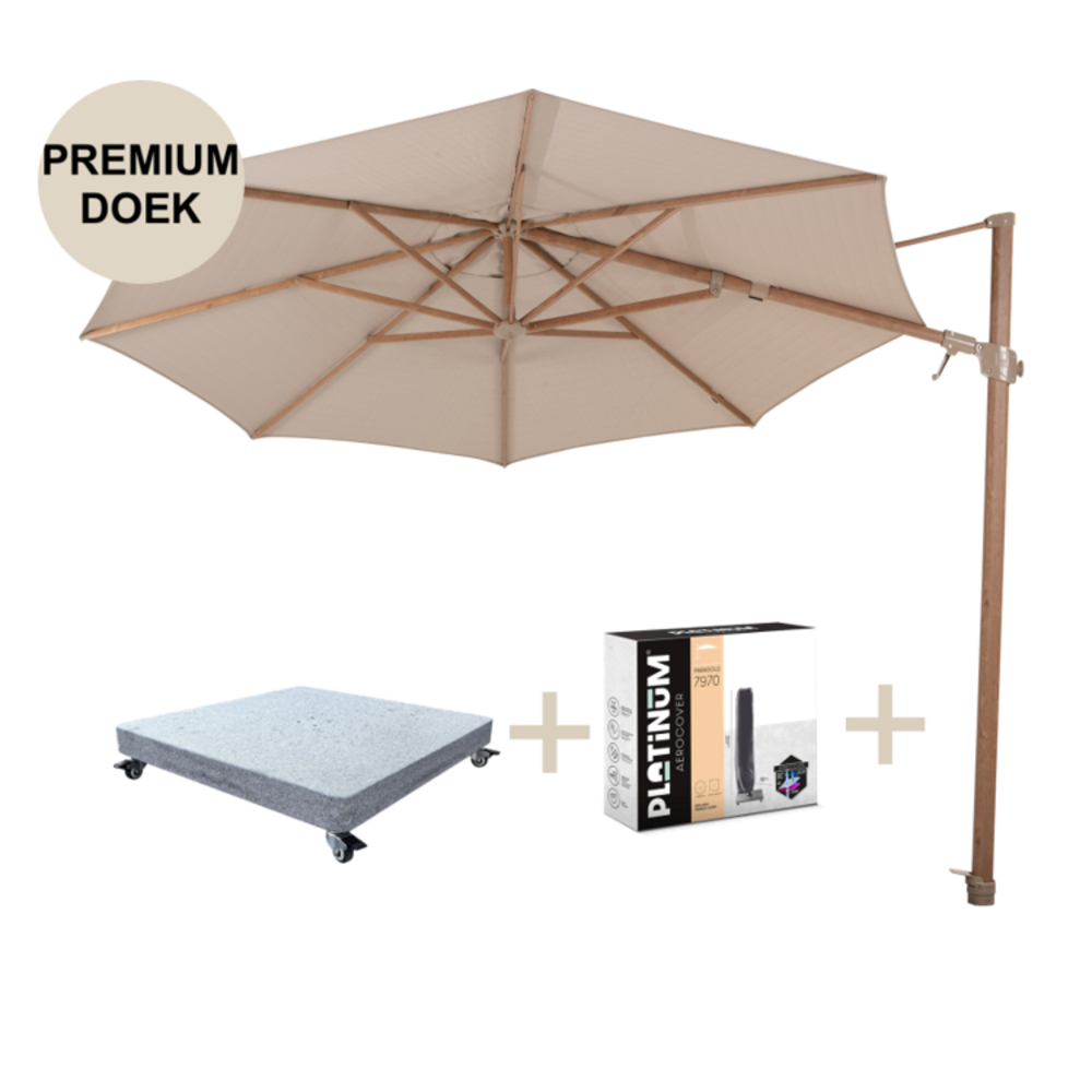 4 Seasons Outdoor Siesta premium zweefparasol 350 cmØ houtlook frame sand 4 Seasons Outdoor met robuust 90KG voet en hoes 4 Seasons Outdoor Siesta premium zweefparasol 350 cmØ houtlook frame sand 4 Seasons Outdoor met robuust 90KG voet en hoes