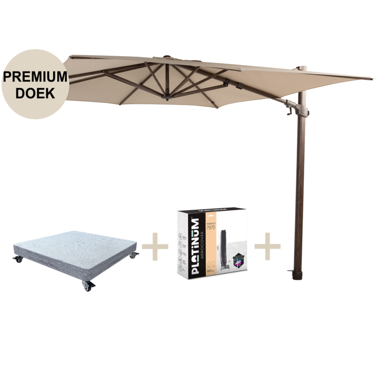 4 Seasons Outdoor Siesta premium zweefparasol 300x300 cm wenge frame beach met robuust 90 KG voet en hoes