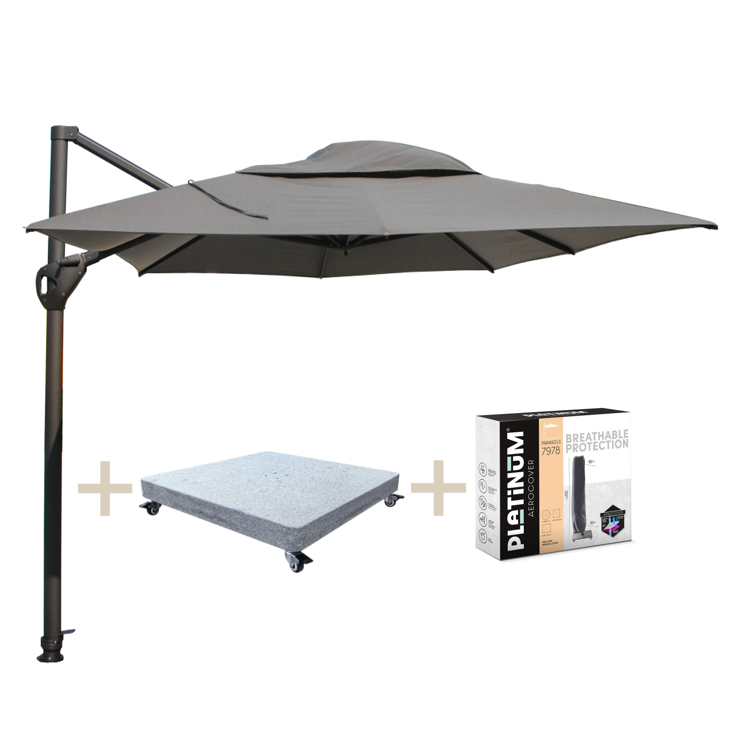 4 Seasons Outdoor Hacienda zweefparasol 300x400 cm met robuust 125KG voet en hoes
