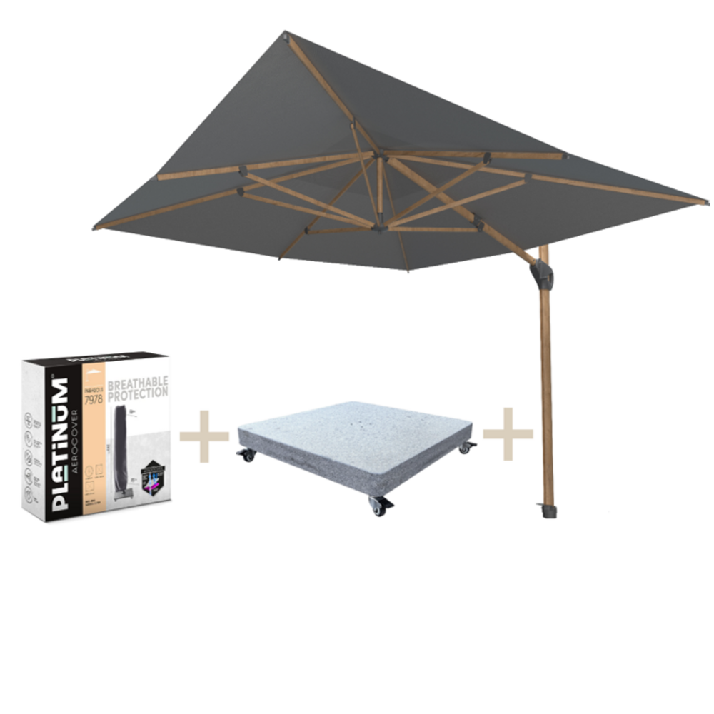 4 Seasons Outdoor Hacienda zweefparasol 300x400 cm houtlook frame charcoal 125KG voet en hoes