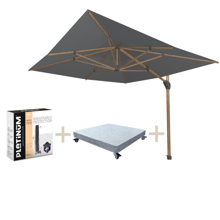 4 Seasons Outdoor Hacienda zweefparasol 300x400 cm houtlook frame charcoal 125KG voet en hoes