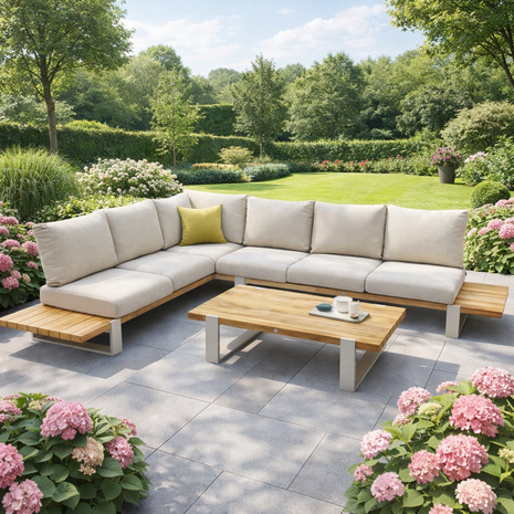 SUNS Showroommodel SUNS Nardo hoek loungeset 3 delig naturel mixed weave / camel sand teak SUNS Showroommodel SUNS Nardo hoek loungeset 3 delig naturel mixed weave / camel sand teak